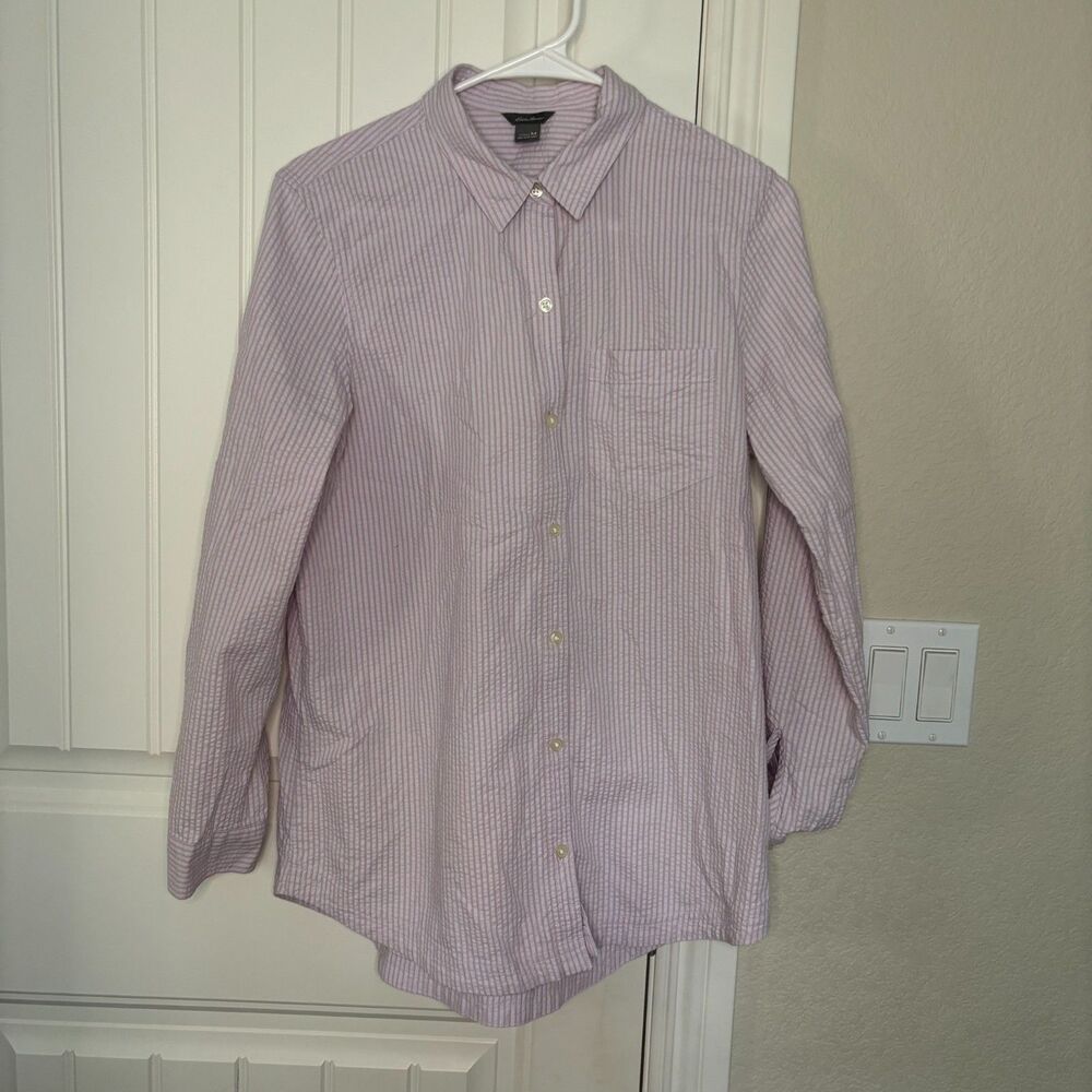 Eddie Bauer womens pink and white stripe button up w/rolled sleeve sze medium